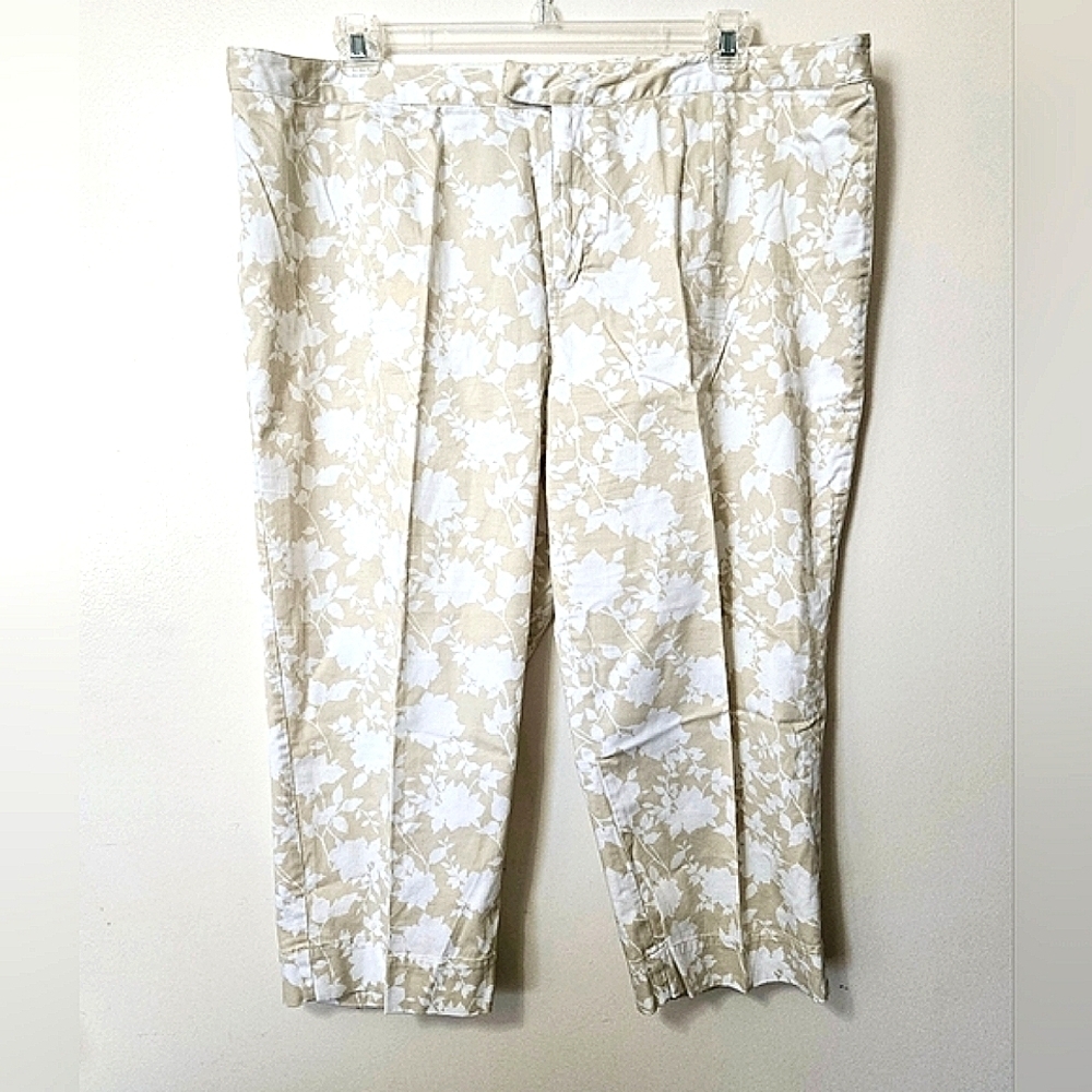 Covington Women's Capris Plus Size 22 Cotton Beige White Floral Stretch Casual